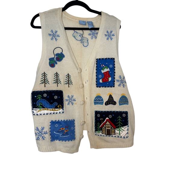 Vintage Christmas Sweater Vest Winter Patchwork Embroidered Size Large Women - Picture 1 of 6